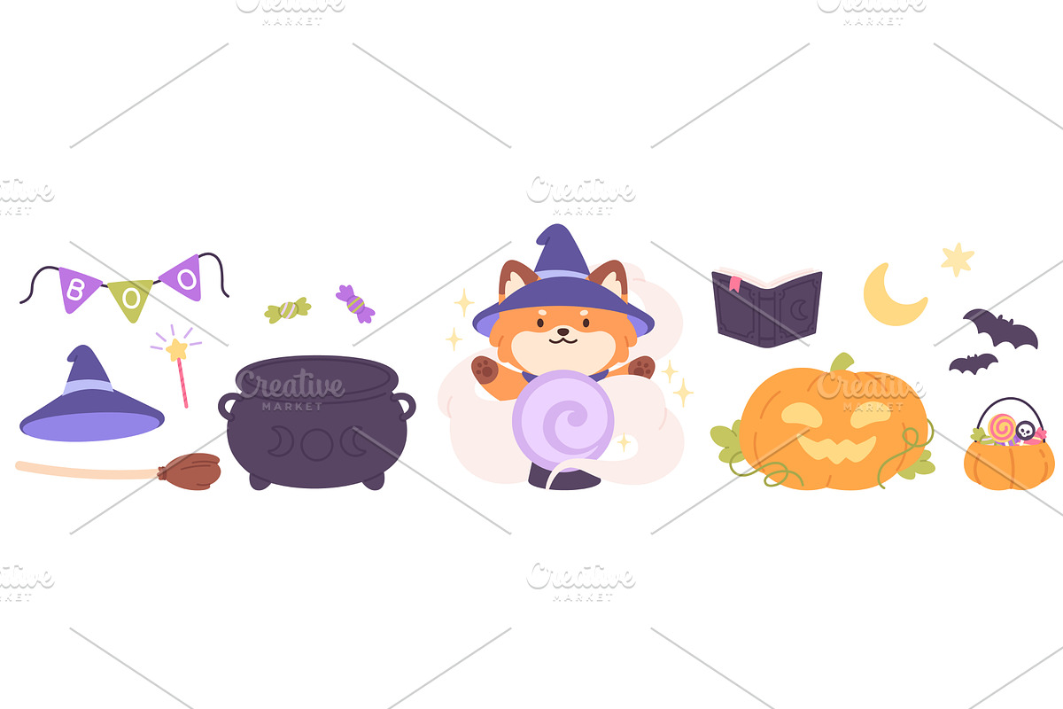 Magic fox and Halloween elements, an Illustration by LadadikArt