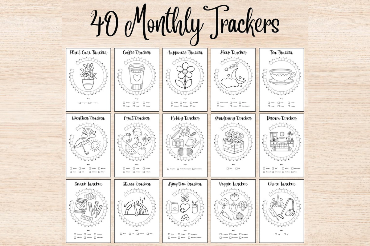 Monthly Habit Trackers BUJO Template, a Stationery Template by DigitalDoodlesToday (Photo 1 of 7)