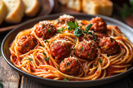 Hearty spaghetti and meatballs, topp, a Background Photo by Pixeness