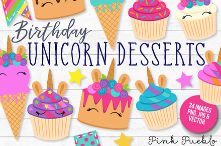 Unicorn Birthday and Cupcake Clipart