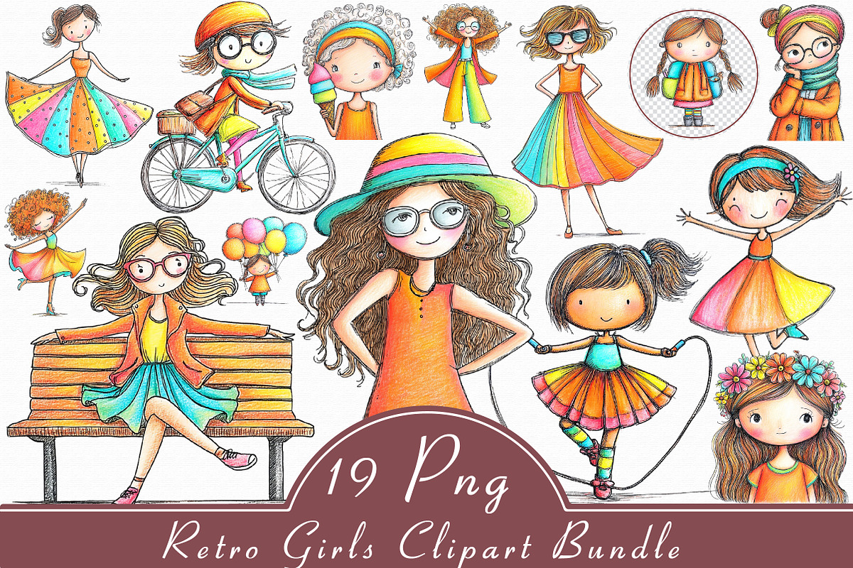 Retro Girls Clipart Bundle, an Illustration by Libby Wishes (Photo 1 of 4)