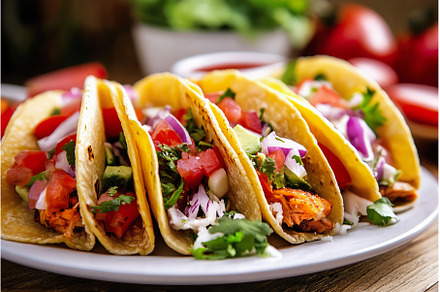 Tasty fish tacos arranged on wooden, a Food & Drink Photo by Lermont51