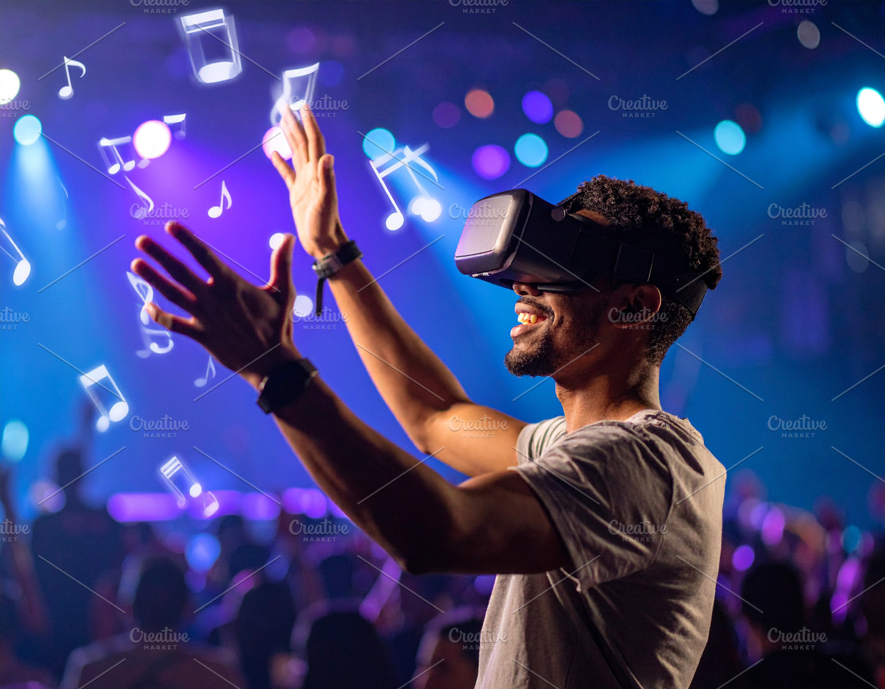 Young wearing sleek AR glasses in a stage with a crowded audienc, a Technology Photo by DanFLCreativo