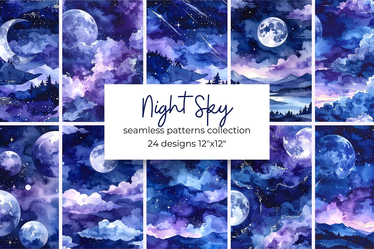 Moon & Night Sky Seamless Patterns, a Pattern Graphic by Anna Design Studio (Photo 1 of 6)