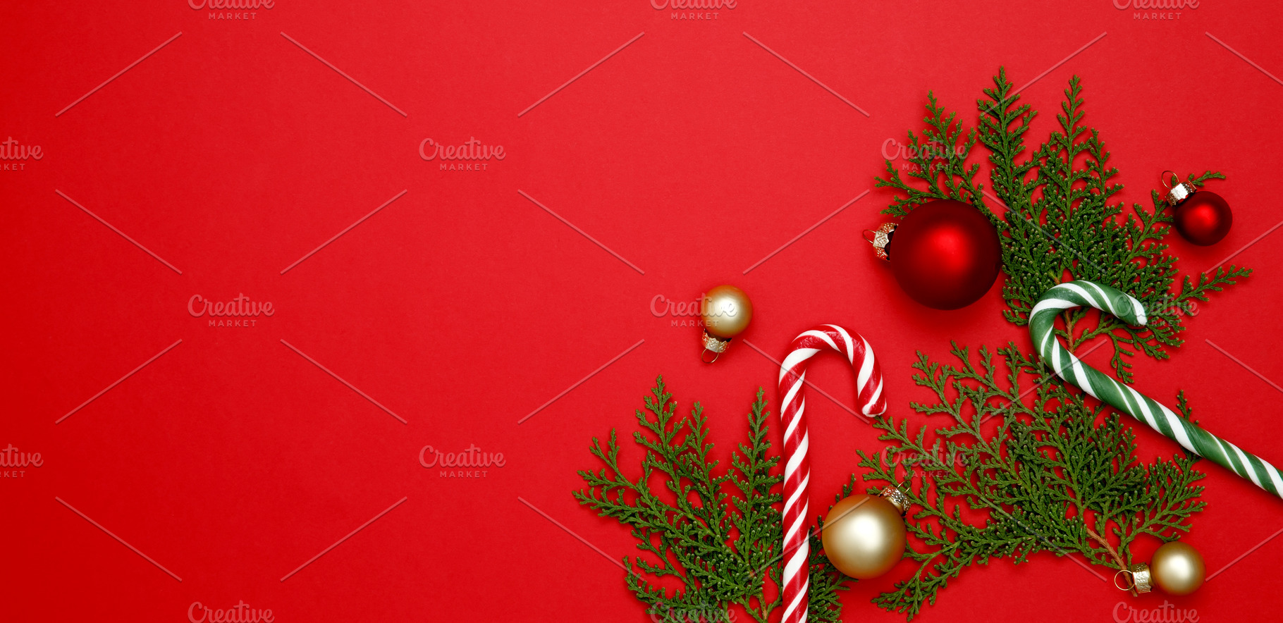 Festive holiday decor, Christmas ornaments, thuja branches, and candy cane arra, a Photo by matucha