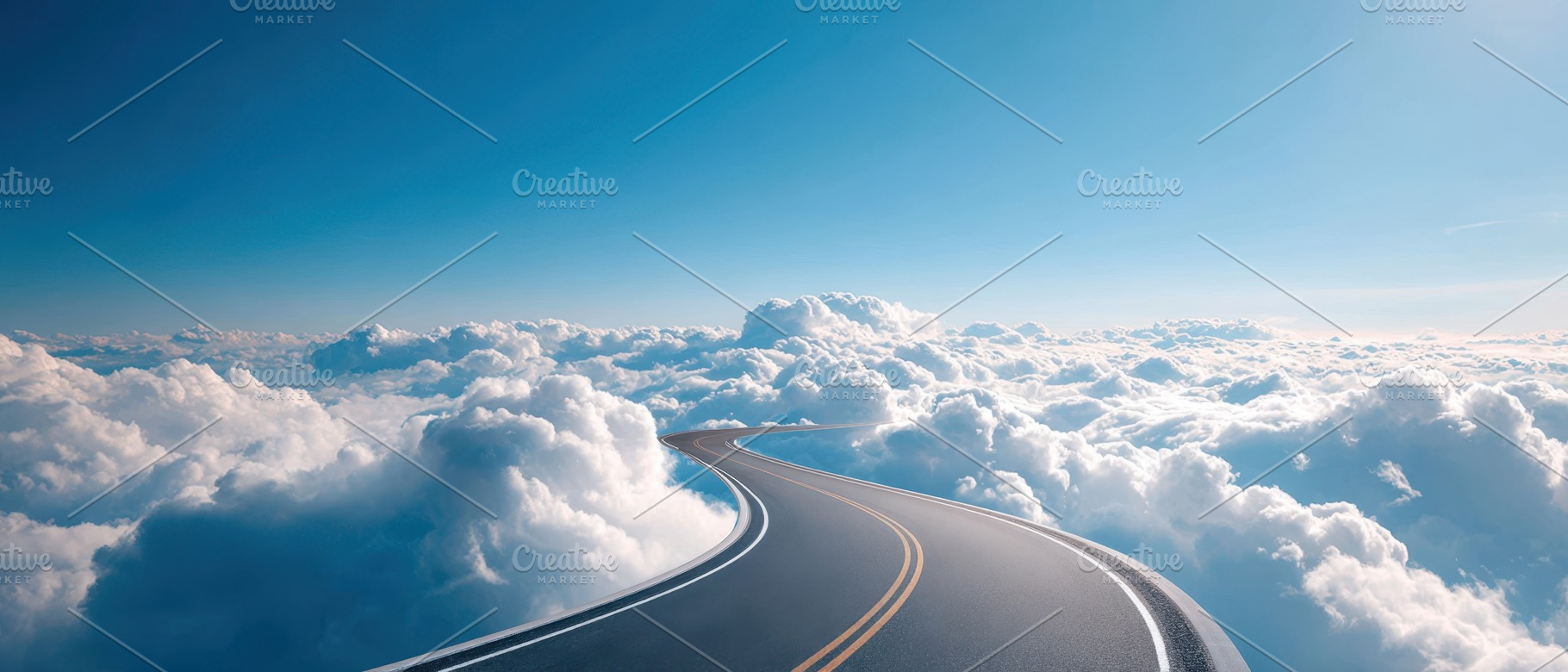 Winding road through clouds in a bright sky, a Wallpaper Photo by AlyaAnd