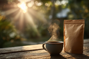 Morning Coffee Sunbeams Wooden Table, a Photo by Pixeness Studio