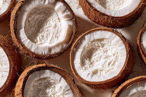 Fresh coconut halves on display, a Photo by Beautiful things