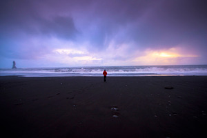 Man Standing Alone Black Sand Beach