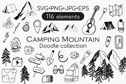 Camping and travel doodle set