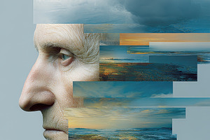 Old Man's Face Merged With Sky Ocean, a Photo by Pixeness Studio