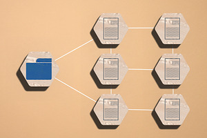 A wooden hexagonal grid, with the left element featuring a blue, a Business Photo by ndanko