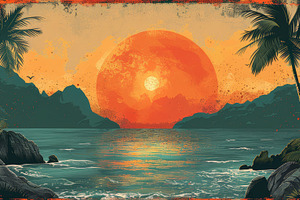 Tropical Sunset Over the Ocean with Palm Trees and Mountains Landscape, a Photo by AS photostudio