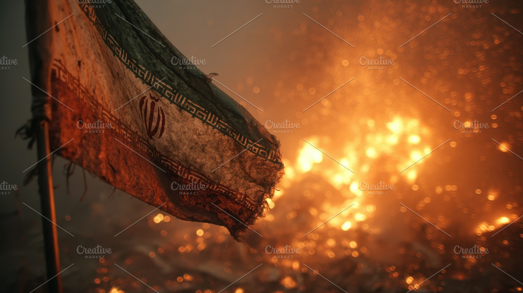 Iranian flag burning fire destructio, a Photo by Pixeness Studio