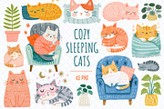 Cozy Sleeping Cats Clipart Bundle, an Animal Illustration by Whimsy Brush Studio (Thumbnail 1 of 10)
