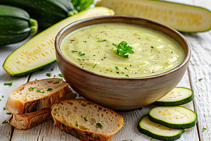 Zucchini cream soup puree in bowl and piece of bread on wooden table, a Food & Drink Photo by AlyaAnd