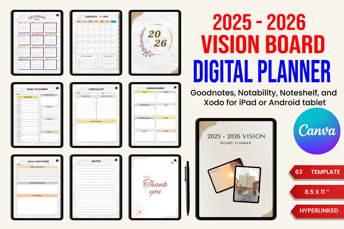 2025-2026 Digital Vision Board Plann, a Stationery Template by Designmela01 (Photo 1 of 8)