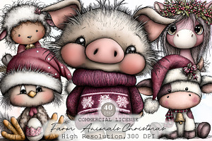 Farm Animals Christmas Clipart, an Animal Illustration by Sublimation Artist
