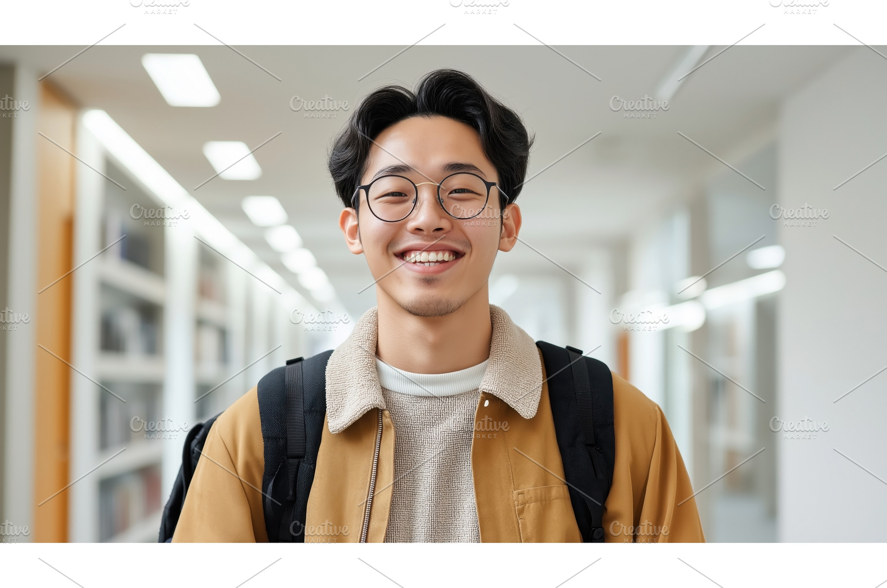 Asian male student with a backpack, a School & Education Photo by Sergey Kotenev