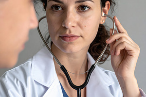 Doctor consulting patient in professional medical portrait, a Health & Medical Photo by GoodGoods