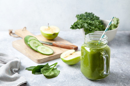 Kale smoothie in a glass jar containing kale, green, and drink, a Food & Drink Photo by natashamam