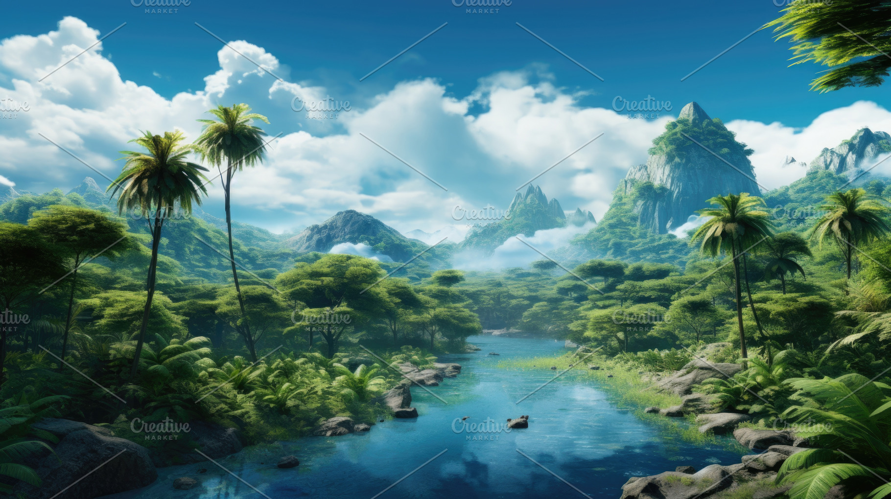 Tropical jungle with river and mountains under blue sky natural, a Photo by Dvoevnore photos