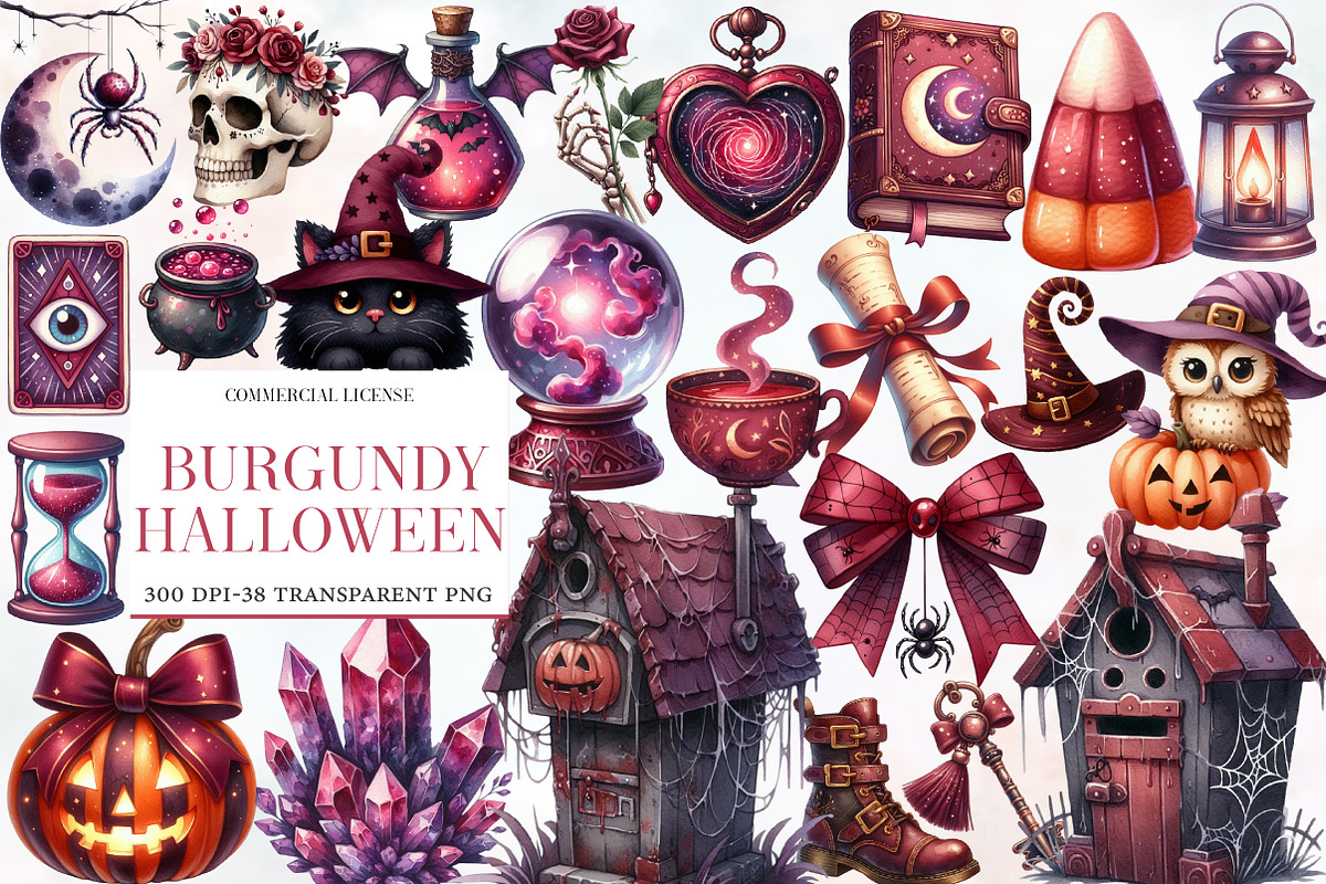 Watercolor Burgundy Halloween Clipar, an Illustration by Designworld (Photo 1 of 6)