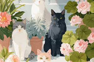Group of domestic cats relaxing on sunny front porch steps surro, a Photo by Studio ANNA
