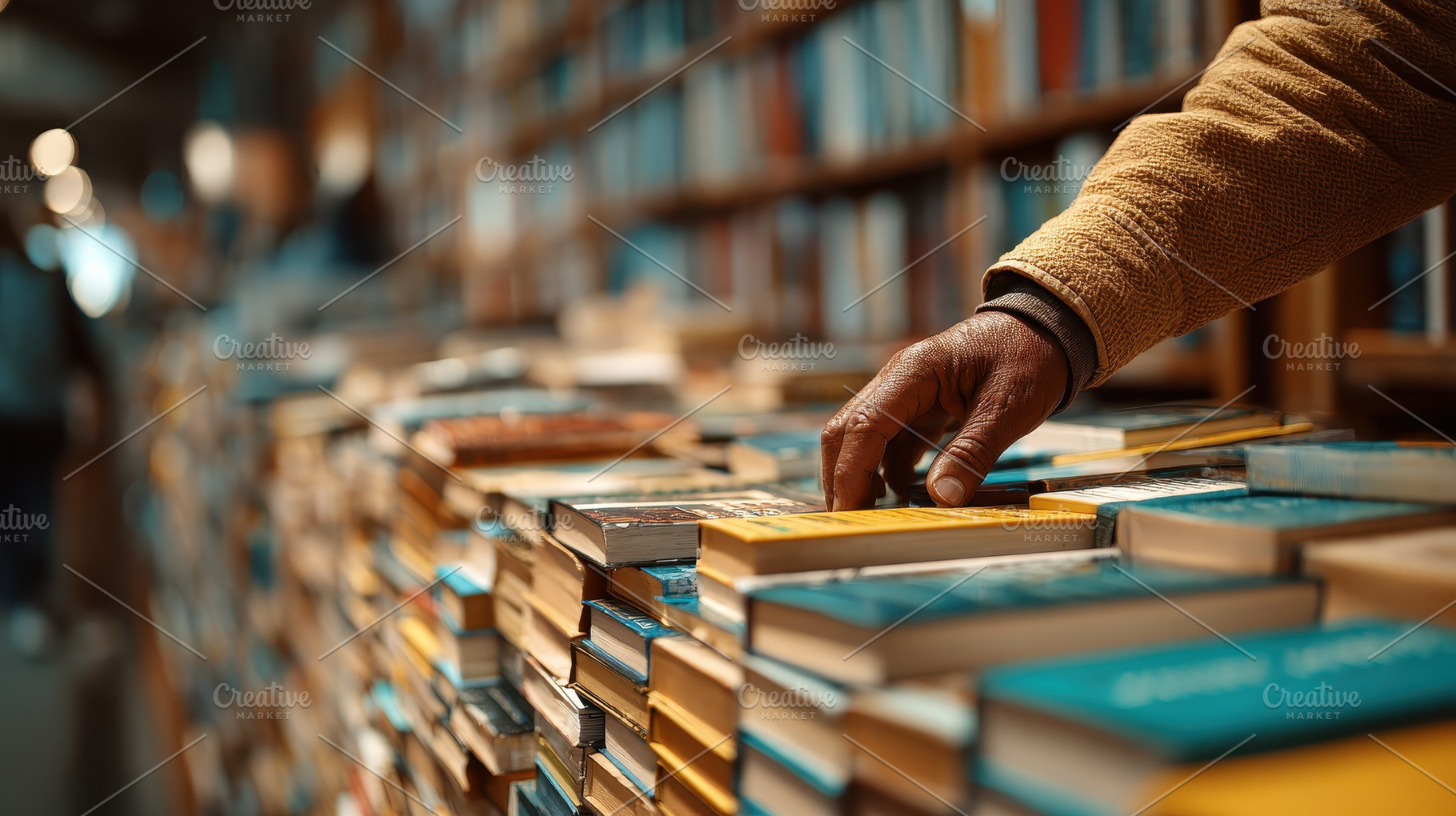 Hand choosing a book from a stack in, a Photo by Pixeness Studio