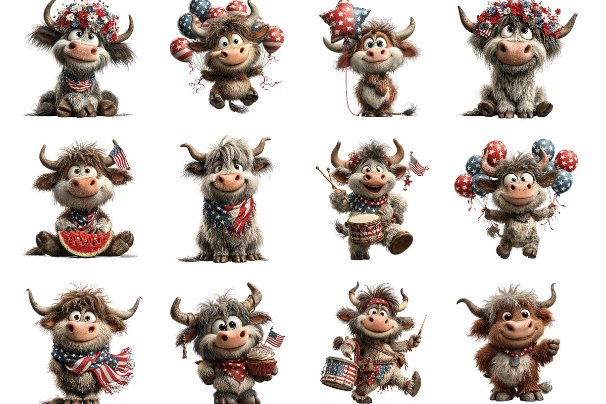 Patriotic Highland Cow Clipart, an Animal Illustration by Designking (Photo 2 of 5)