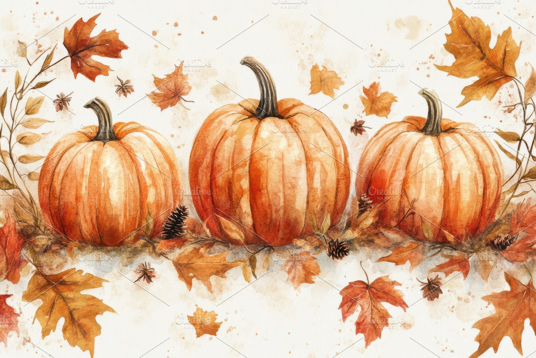 Autumn Watercolor Pumpkins and Leave, a Background Photo by Pixeness Studio