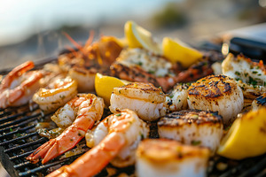 Shrimps, scallops skewers and lemon, a Food & Drink Photo by MistyDay
