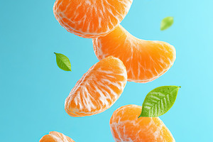 Floating mandarin wedges with vibrant green leaves on a blue background, a Food & Drink Photo by AlyaAnd