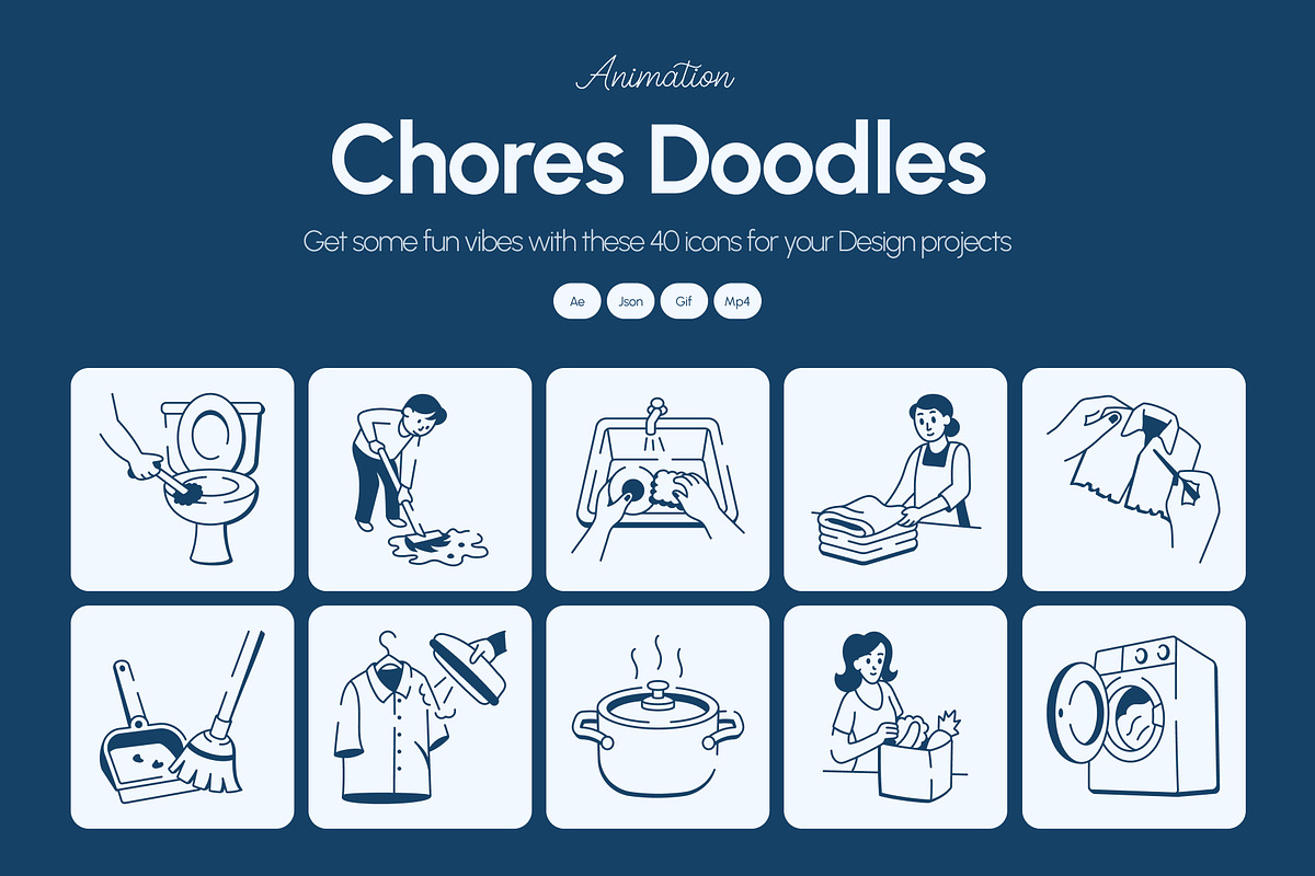 Animated Chores Doodle Icon Set, an Outline Icon by Vectors Market (Photo 1 of 5)