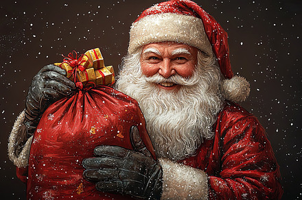Jolly Santa Claus holding a sack of gifts during a snowy Christmas, a Photo by AS photostudio