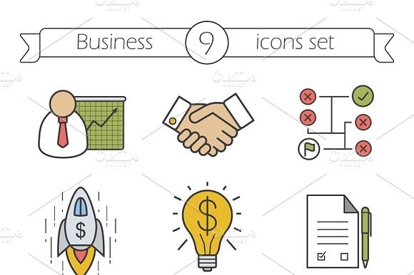 Business Color Icons Set. 9 Items