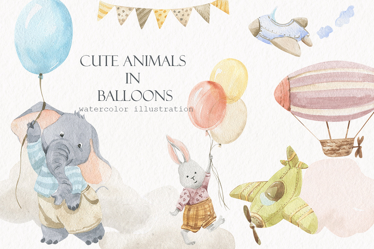 Cute animals with balloons, an Illustration by Love Watercolor Store (Photo 1 of 9)