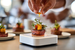 Plating a vibrant veggie steak with precision in a modern culinary setting, a Food & Drink Photo by AlyaAnd