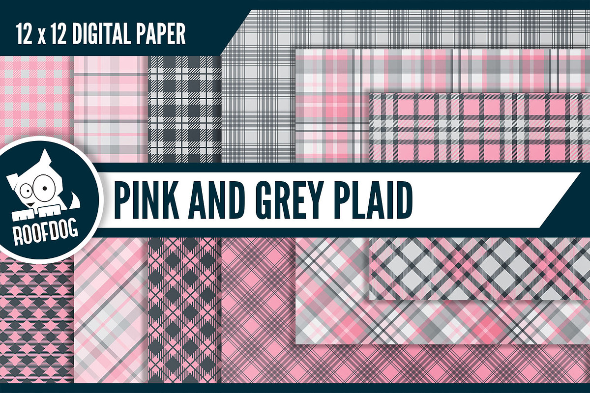 Pink and gray plaid digital paper, a Pattern Graphic by Roofdog Design