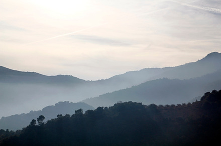 Foggy landscape featuring mountain, fog, and cloud