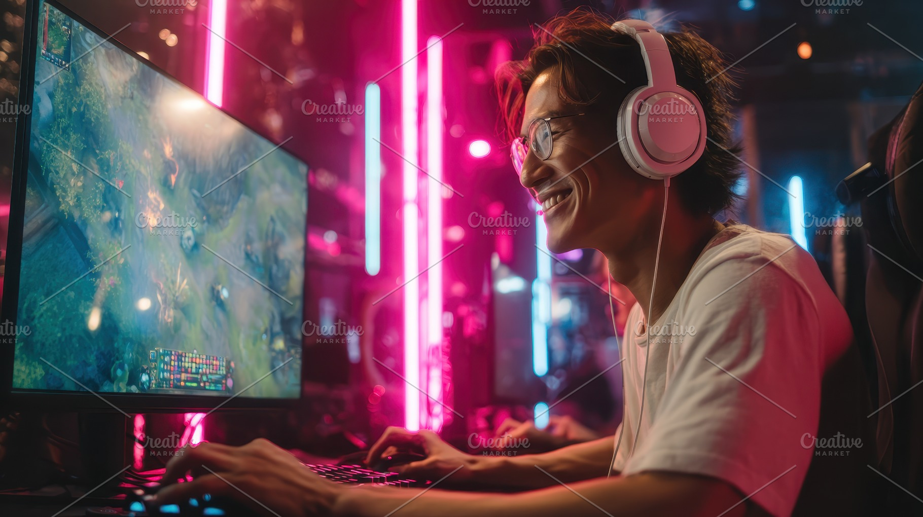 Gamer plays video game with pink hea, a Photo by Pixeness Studio