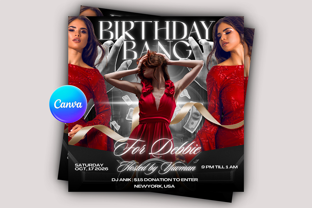 Glam Red Dress Birthday Bash Flyer, a Flyer Template by Posterfello (Photo 1 of 4)