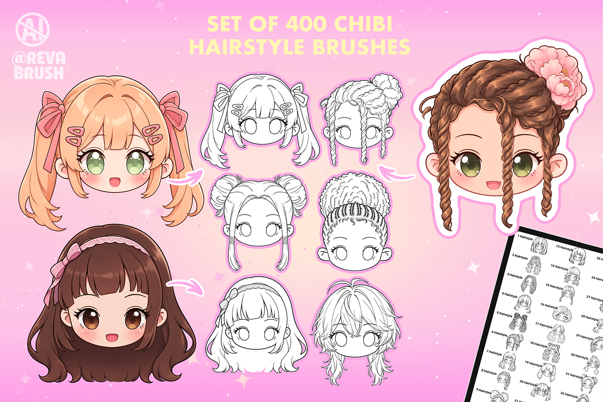 Procreate Chibi Hairstyles brushes, a Brush Add-On by Revabrush (Photo 16 of 16)
