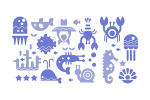 Marine Life Blue Icons Set, Cute