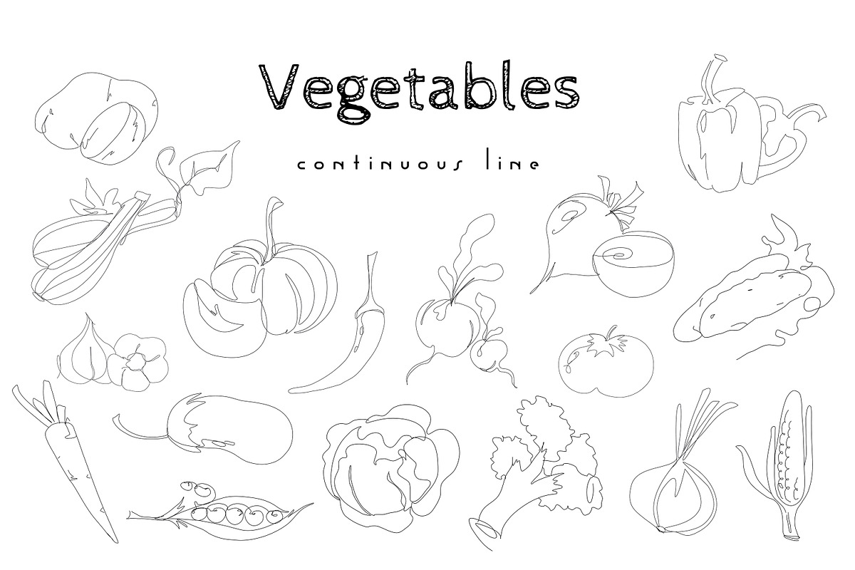 Vegetables in continuous line SET, a Food Illustration by WildStrawberry Magic (Photo 3 of 4)