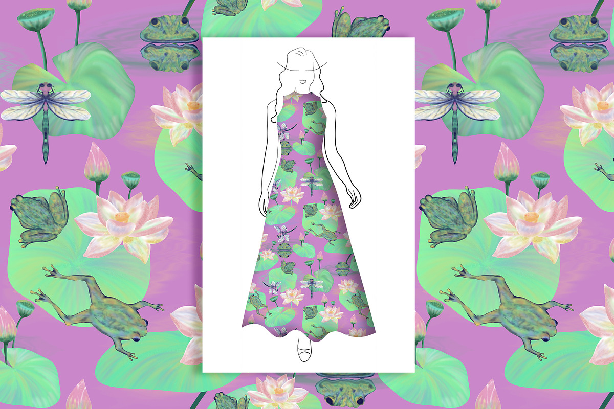 Frog Lotus Seamless Pattern, a Pattern Graphic by Oksana Dovhopol Art (Photo 4 of 23)