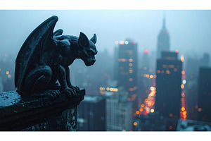 Gargoyle statue overlooking a misty, an Architecture Photo by Igor Tichonow