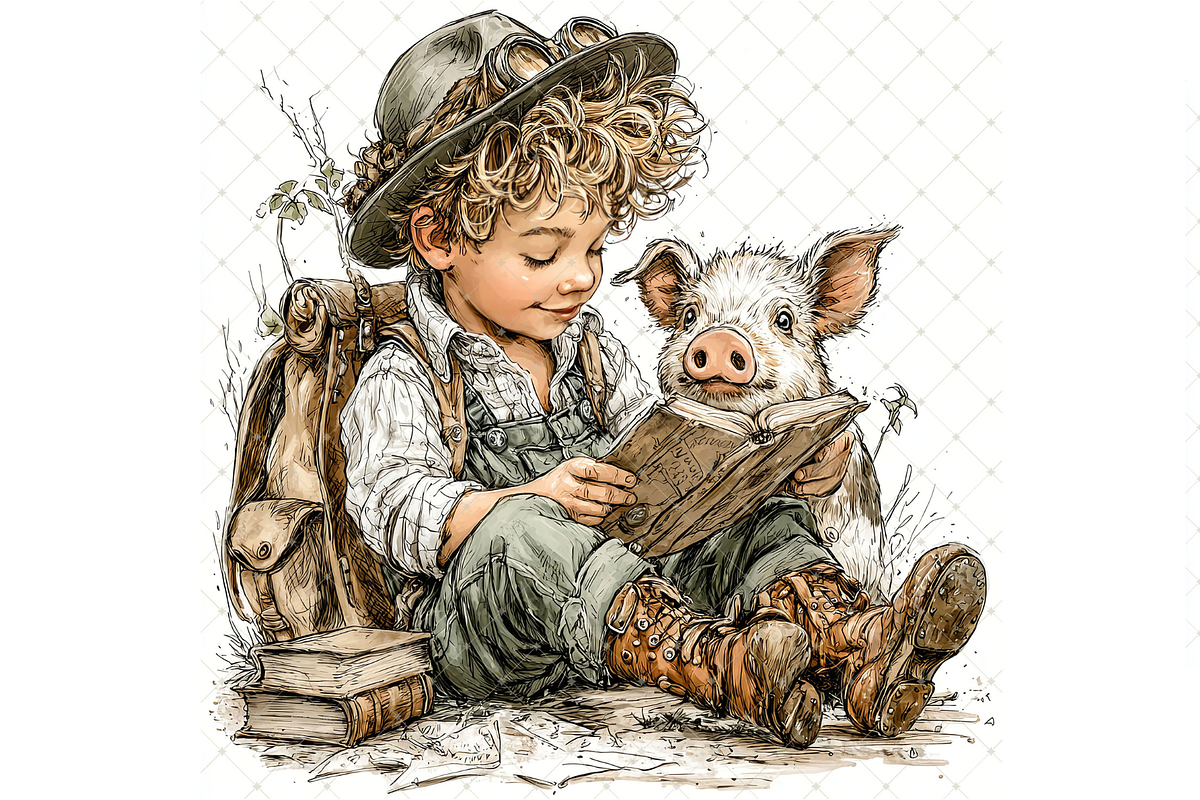 Boy and Piglet Clipart JPG, a Person Illustration by Memories By Lea (Photo 5 of 18)