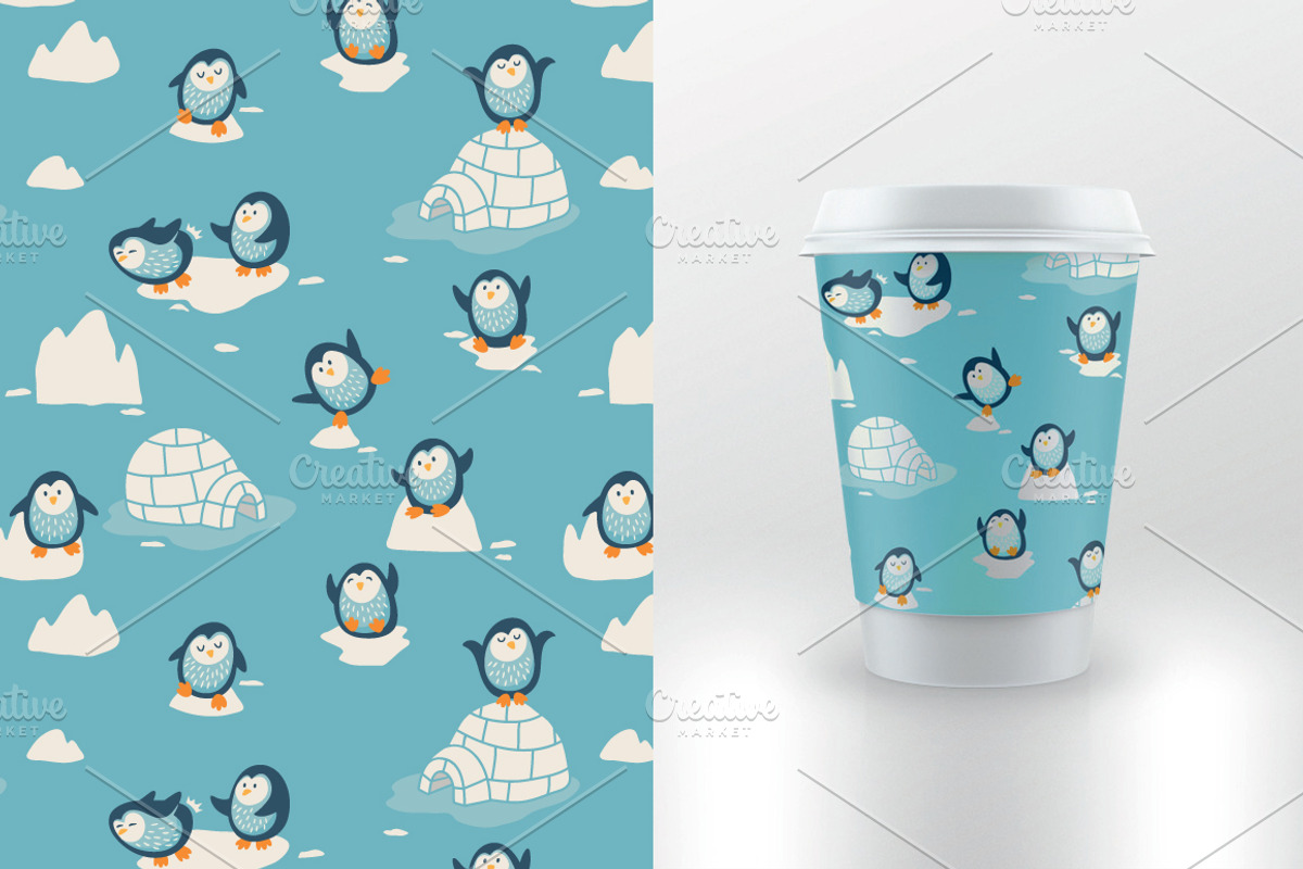 Cartoon patterns with funny penguins preview 2