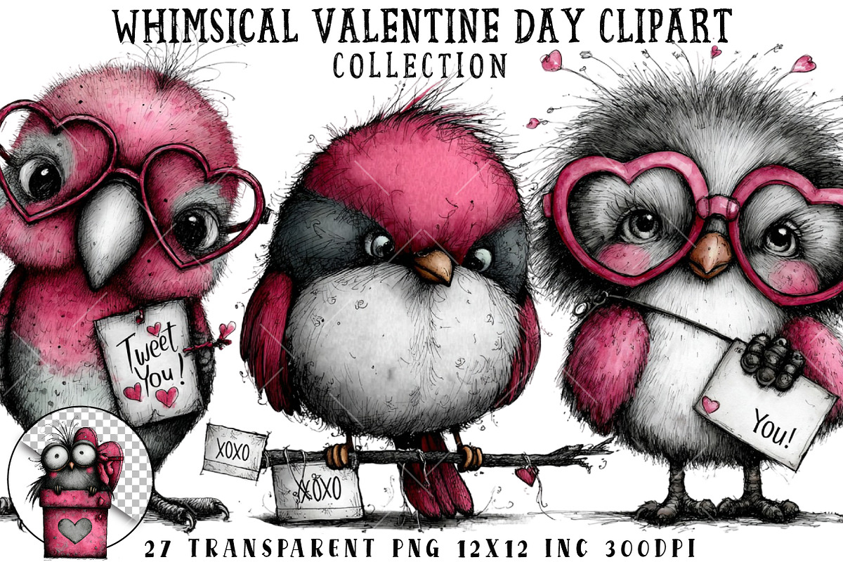Whimsical Valentine Bird Clipart, an Illustration by OK Design (Photo 1 of 6)